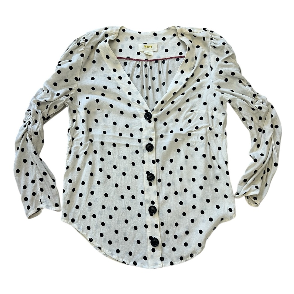 Maeve by Anthropologie Jourdain Polka Dot Ruched Sleeve Button-Down Blouse 🤍